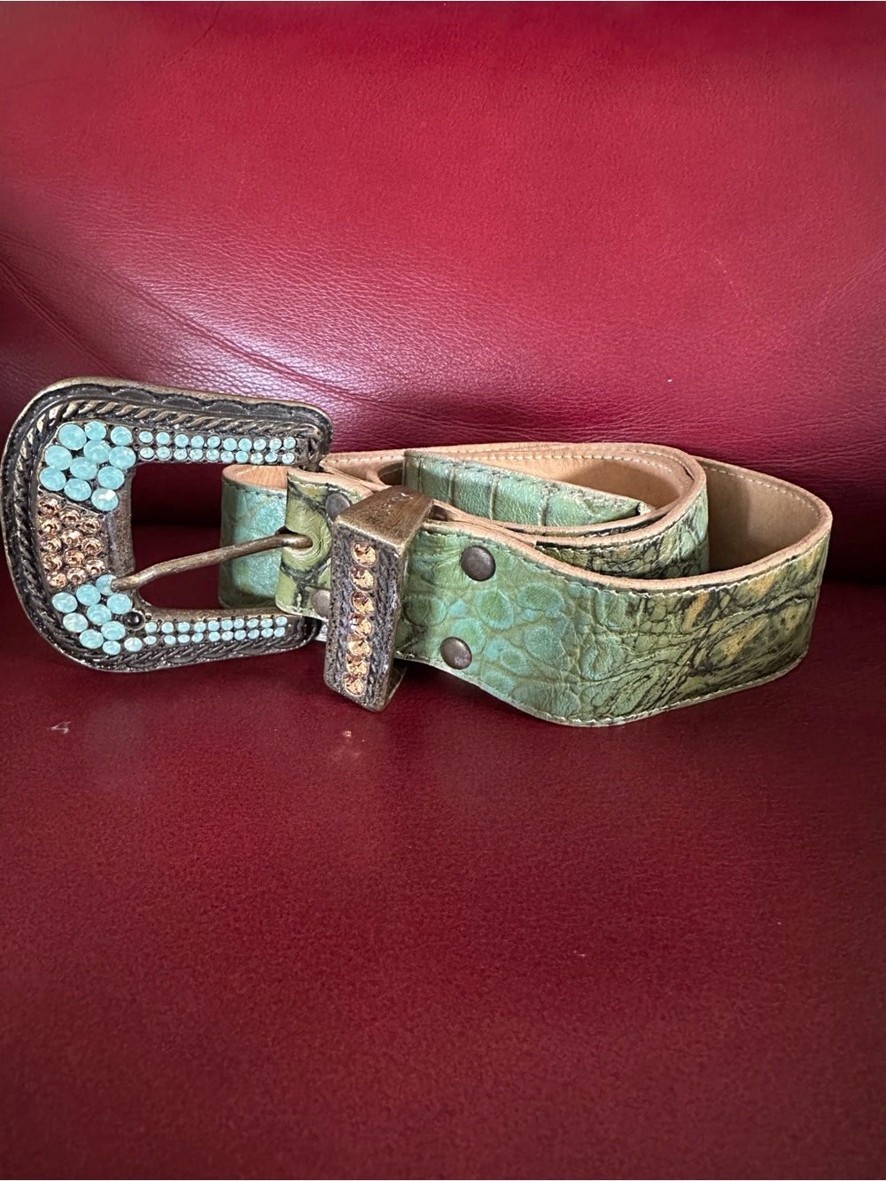Leatherock Croc Green Embossed Leather Belt with Turquoise Rhinestone Buckle